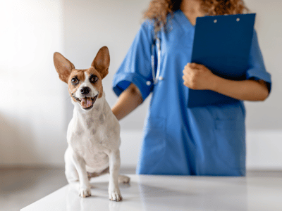 vet petting a dog